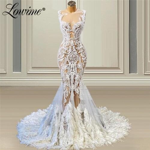 Lowime Lace Feathers Mermaid Wedding Dresses 2021 Dubai Arabic Custom Made Illusion Bridal Gowns Vestido De Noiva Wedding Gowns