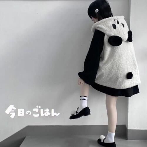 2021 New Autumn And Winter Japanese Soft Girls Korean Loose And Versatile Cute Panda Lamb Plush Coat Womens College Style Top