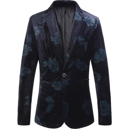 Autumn Slim Fit Flower Pattern One Button Mens Suit Lapel Pocket Decoration Blue and Red Blazer Large Size L-6XL