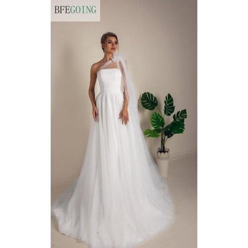 White Tulle One Shoulder Floor-Length A-Line Wedding Dresses Chapel Train Custom Made Layered Skirt Bridal Gowns