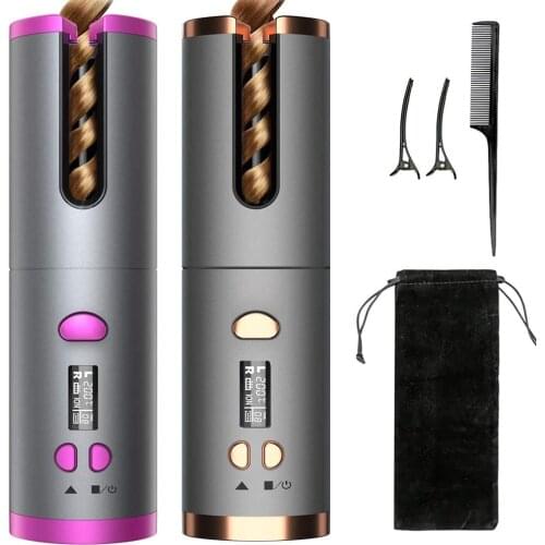 Cordless Automatic Hair Curler USB Rechargeable Curling Iron Curls Waves LCD Display Ceramic Curly Rotating Curling Wave Styer