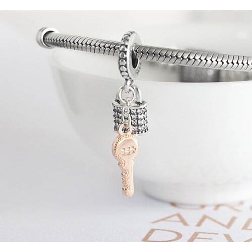 Authentic S925 Silver Dangle Charm Love Key & Lock Pendant Bead fit Lady Bracelet Bangle Girl Birthday Gift Clear CZ