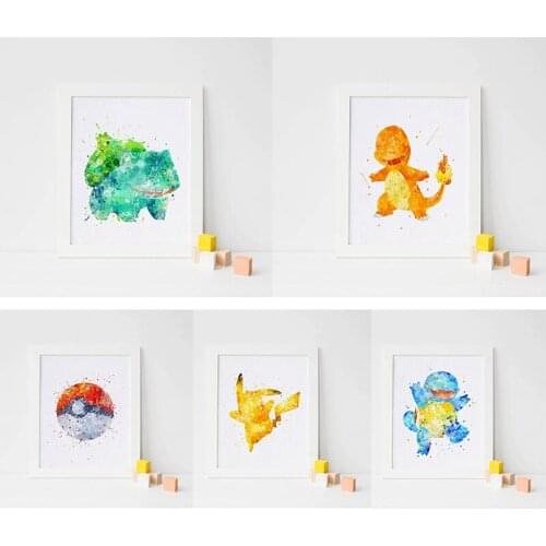 Pokemon Watercolor Nursery Canvas Painting Pikachu Bulbasaur Charmander Cartoon Wall Art Posters and Prints Kids Room Decor