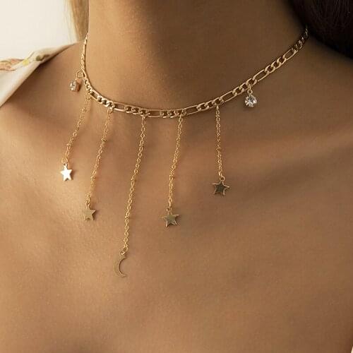 TARCLIY Trendy Geometric Star Moon Rhinestone Tassel Necklace Simple Figaro Clavicle Chain Women Alloy Fashion Jewelry 2021 New