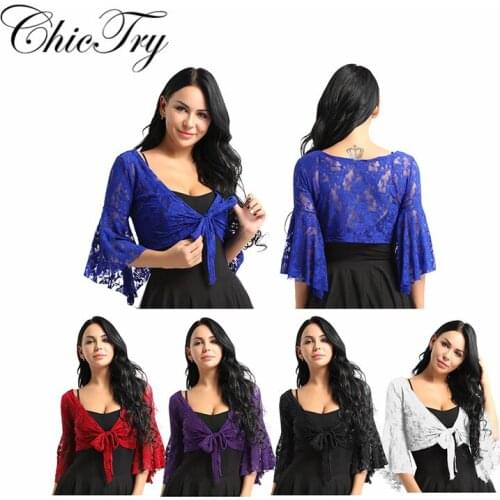 Women Floral Lace Dance Shrug Long Flare Sleeve Belly Dance Lace Top Coat Fashion Performance Cover Up Open Front Cardigan Wraps
