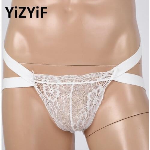 Men Bulge Pouch Thong See-through Lace G-string Panties Gay Sissy Open Butt Jockstrap Underwear