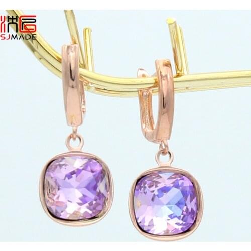 SJMADE Fashion Korean Elegant Colorful Square Crystal Dangle Earrings 585 Rose Gold White Gold Eardrop For Women Jewelry Gift