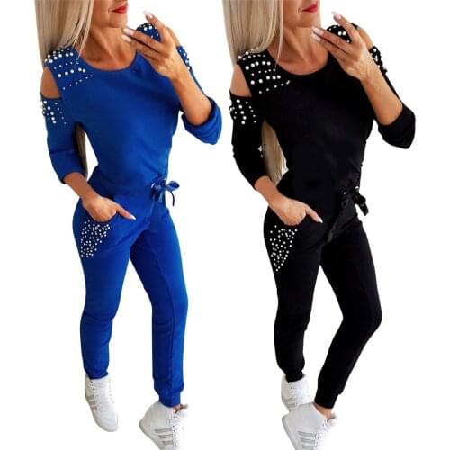 Women Ladies Tracksuit Cold Shouder Tops High Waist Bandage Fashion Pants 2Pcs Set Lounge Wear Casual Suit