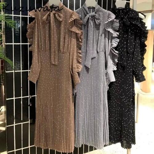 Kuzuwata 2021 Autumn New Women Robes Vintage Vestidos O Neck Drawstring Off Shoulder Ruffled Dots Slim Waist Pleated Dresses