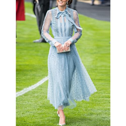 Kate Middleton Fashion New Womens Spring Autumn High Quality Elegant Chic Party Casual Lace Patchwork Dot Print Mesh Midi Dress