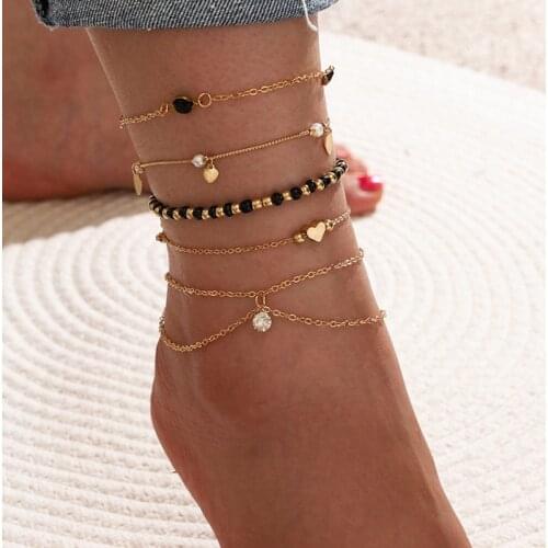 5 Pcs/Set Bohemian Beads Heart Imitation Pearl Crystal Anklets Set Fashion Gold Chain Beach Anklets for Women Foot Jewelry Gifts