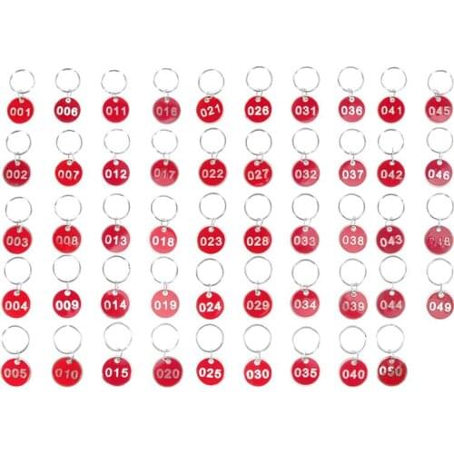 50pcs Number Pendant Tags Practical Metal Numbers Plates Luggage ID Tags Key Ring Labels for Office Hotel Red (Number 1-50)
