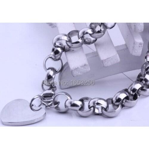 Fashion womens jewelry rolo chain stainless steel with heart charm bracelet 9mm Wide 8"