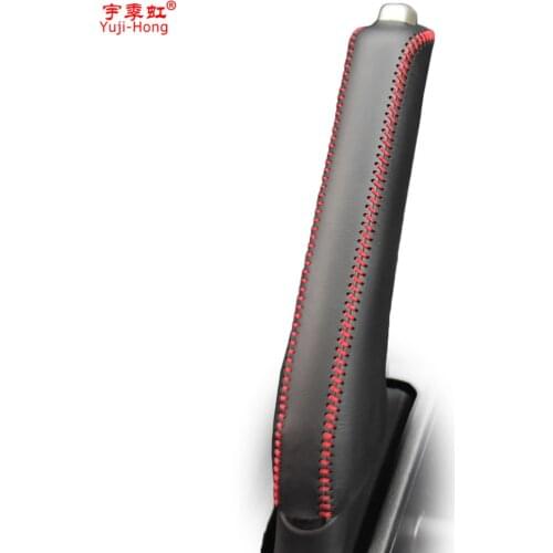 Yuji-Hong Genuine Leather Car Handbrake Covers Case for HONDA FIT 2014 Car Handbrake Grips Auto Cover Black / Red thread