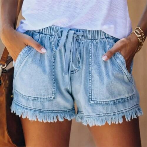 Womens Pocket Jeans Denim Pants Female Tassel Bandage Bottom Casual Shorts Summer Homewear Ladies Short Pants