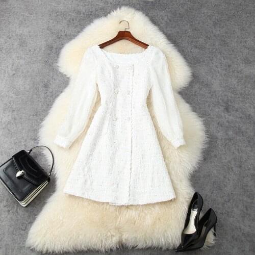 And American womens European wear 2021 autumn new style Bud silk long sleeve Double-breasted button fashion tweed dresses