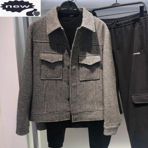 Autumn New Plaid Thick Wool Short Coat Men Vintage Loose Single Breasted Casual Jacket College Style Street Woolen Outerwear