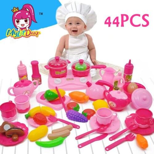 MylitDear PinkChildren Kitchen Set Pretend Play Cut Toy Utensils 44PCS Fruit Vegetables Plastic Kids Cook Food Eduacation Game