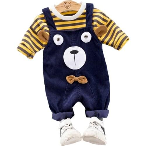 Autumn Children Clothes Baby Boys Girl Striped T Shirt Cartoon Strap Pants 2Pcs/sets Kid Cotton Clothing Suit Toddler Tracksuits