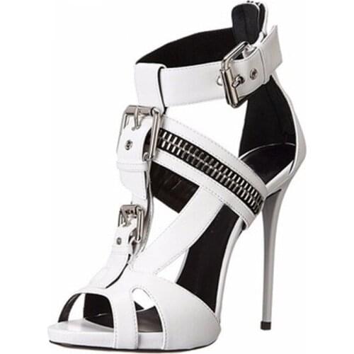 Sexy T-Strap Zipper Decor Ankle Metal Buckle Hollow out Fish toe Sandals Women Stiletto High Heel Summer Party Dress Shoes