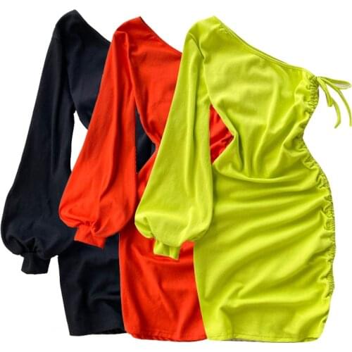 Dress female design sexy Oblique neck off-shoulder Summer one-shoulder puff sleeve pleated slim midi dresses for womens vestido