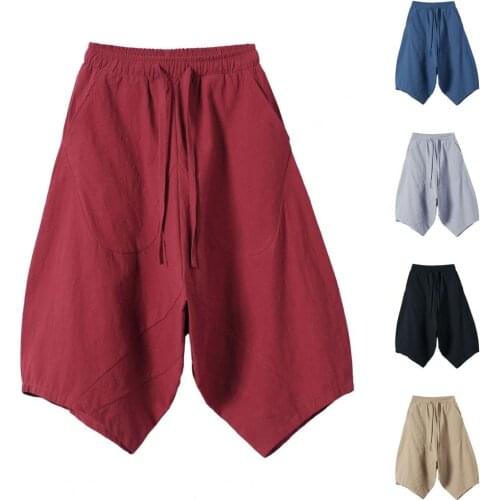Casual Men Capri Pants Drop Crotch Solid Color High Waist Baggy Cropped Trousers for Daily Life