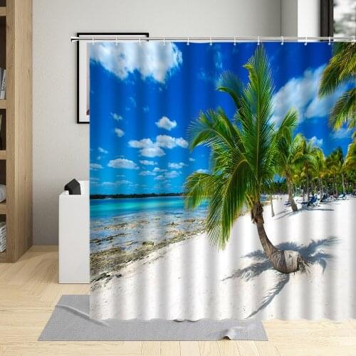 Summer Seaside landscape Shower Curtain Palm Tree Bathroom Decor Ocean Scenery Curtains Polyester Waterproof Fabric With Hooks