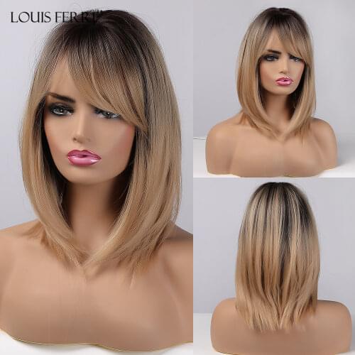 LOUIS FERRE Medium Straight Black Brown Golden Ombre Synthetic Wigs for Women Cosplay Bobo Wig With Bangs Heat Resistant Fibre