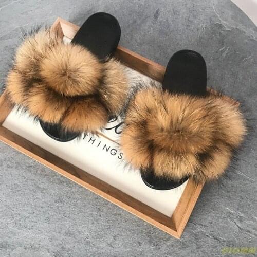 Real fox fur slides for women Home fluffy Flat Sandals Female Cute Fluffy House Shoes Woman raccoon fur slides
