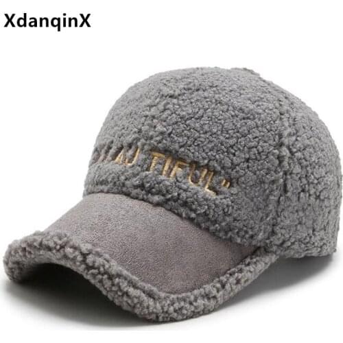 XdanqinX Winter Womens Cute Plush Hat Baseball Caps For Women Adjustable Size Girl Fluff Lamb Wool Cap Trendy Teddy Velvet Hats