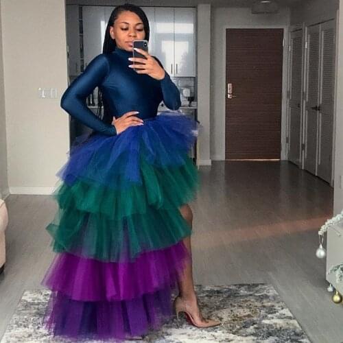 2020 Trendy Ruffles High-Low Tiered Tulle Skirt Mixed colors Tutu Womens Long Custom Made Skirts jupe юбка New Arrival