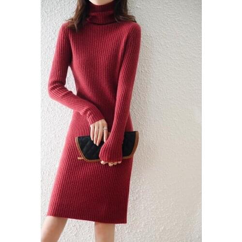 Women Dresses Knee-Length 100% Pure Merino Wool Knitted Jumpers Winter 2021 New Turtleneck Soft Ladies Pullovers Solid Color