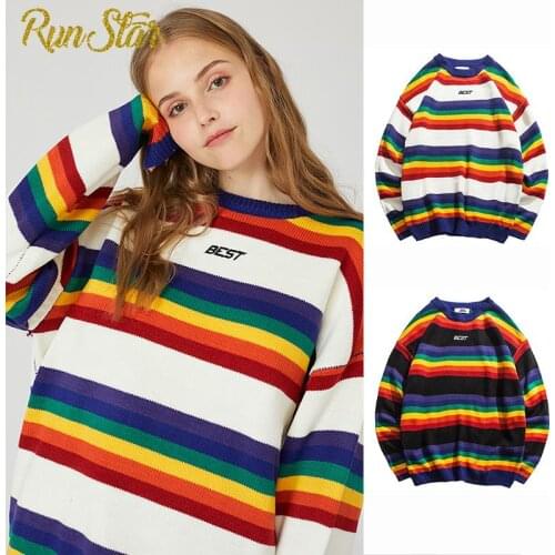 Women Pullover Sweaters Autumn Harajuku Retro Rainbow Knitted Striped Sweater Streetwear Male Fashion Cotton Tops 2021