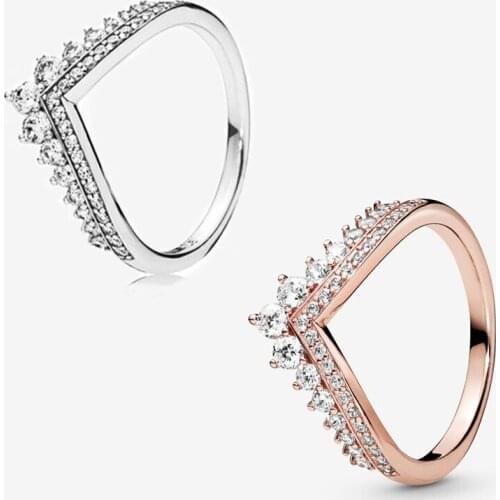 Princess Wishbone Ring Jewelry 925 Sterling Silver Ring & Rose Golden Rings for Women Charm Jewelry Wedding Rings Girls Clear CZ