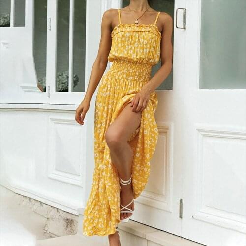 2021 Sexy floral print beach dress Bohemian Fashion Women Chiffon Cold Shoulder Sleeveless Printed Casual A-line Dress Vestidos