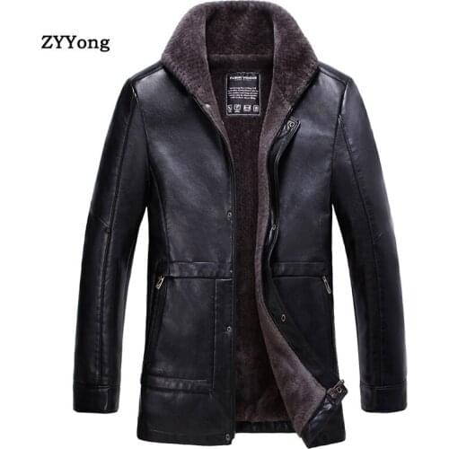 Winter Leather Jacket Men Jacket Fur Turndown Collar Parka Coat Overcoat Plus Velvet Warm PU Large Size Classic Black Outwear