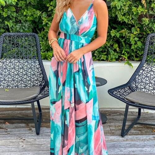 2021 Women Spaghetti Strap V-Neck Backless Maxi Dress Boho Leaves Floral Sundress Women Beach Sling Sundress