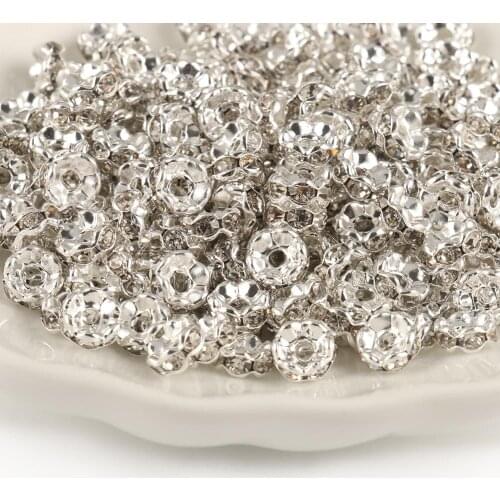 50pcs Wave Side Metal White K Rhinestone Rondelle Austiran Crystal Big Hole Loose Spacer Beads For Jewelry Making DIY Supplies