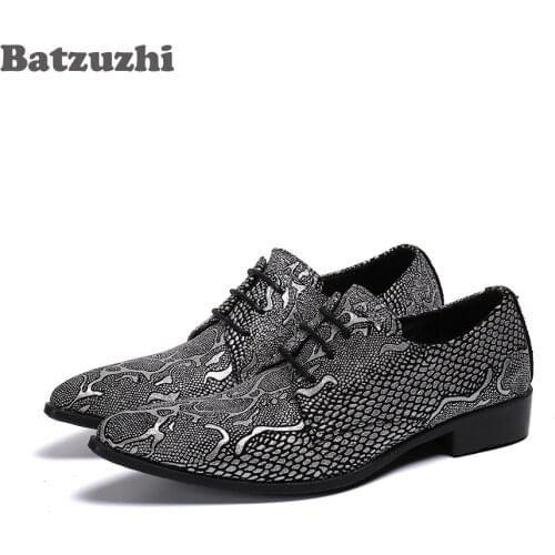 Batzuzhi Fashion Shoes Men Pointed Toe Dark Grey Leather Dress Shoes Men Lace-up Leather Business Shoes for Men,Big Sizes US6-12