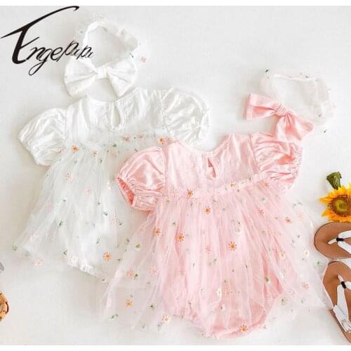 Engepapa Summer Infant Baby Girls Clothes Toddler Baby Girl Floral Embroidery Lace Stitching Princess Dress Romper