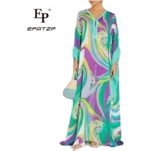 [EFATZP] New Arrivals Loose and Enlarged V-neck Green Geometric Print Comfortable Long Dress