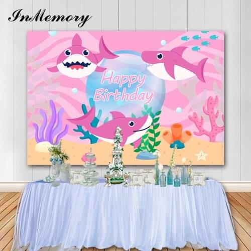 InMemory Baby Girl Shark Birthday Party Photography Backgrounds Newborn 1st Birthday Custom Backdrop Photo Booth Props Photozone