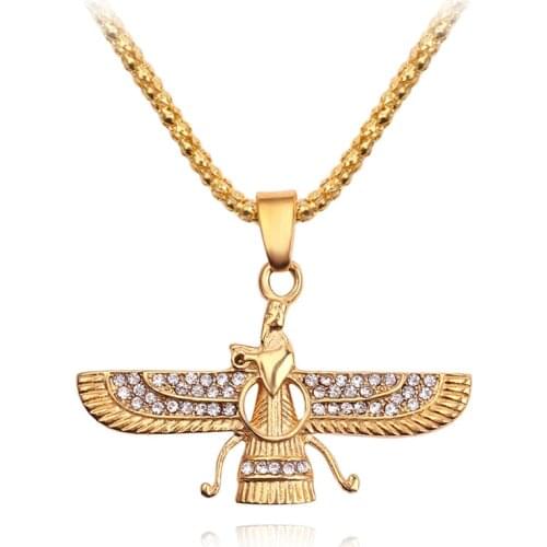 Hip Hop Rhinestone Paved Bling Iced Out Iran Faravahar Ahura Mazda Zoroastrian Pendant Necklace Gold Men Jewelry