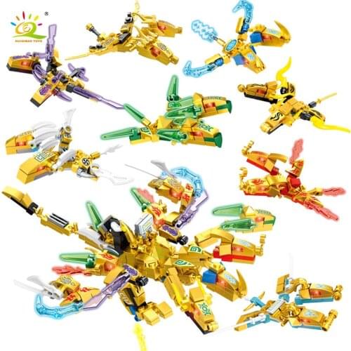HUIQIBAO Boys Ninja Golden Flying Dragon Knight Model Building Blocks Dragon Fight Movie Kai Jay City Figures Toys For Children