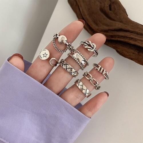 Morivovog 925 Sterling Silver 8 Style Chain Retro Rings for Women Japan Korea Industrial Statement Style Rings Rock Punk Jewelry