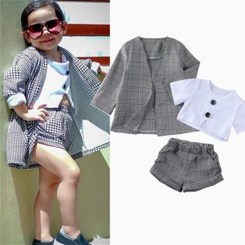 3Pcs Kids Baby Girl Clothes Sets 2021 Summer Fall Plaid Suit Jacket + T-shirt Crop Tops + Shorts Fashion Kids Outfits 1-6Y