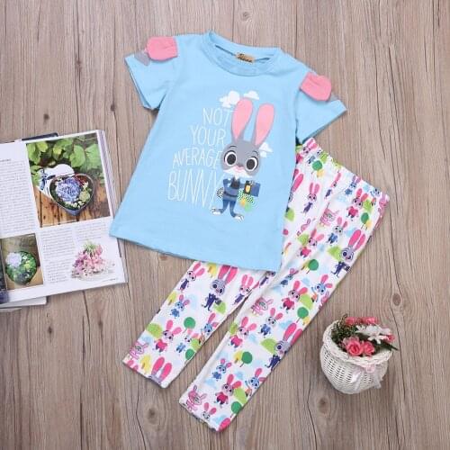 2Pcs Kids Baby Girls Clothes sets Short Sleeve Rabbit Printed T shirt Tops + Long Pants Outfits Baby Summer Clothing 2-7Y