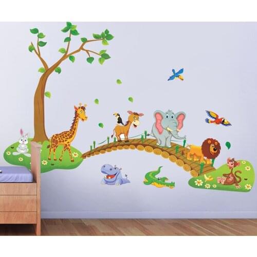 Cartoon Elephant Giraffe Lion Wall Sticker Cute Jungle Wild Animal Tree Bridge Wallpaper For Kids Nursery Living Room Home Decor