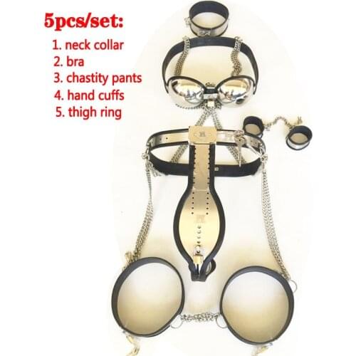 Stainless Steel Male Chastity Belt 5pcs/Set Neck Collar Hand Cuffs Thigh Ring Bra BDSM Bondage Chastity Device Sex Toys For Men
