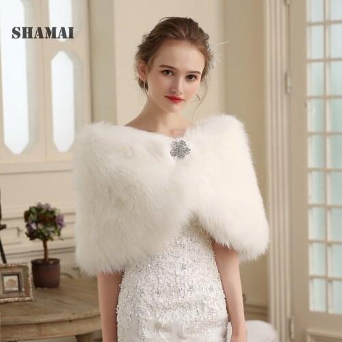 Cheap New Ivory Faux Fur Crystal Brooch Wedding Wrap Bridal Cape Bridal Wrap Shrug Stole Cape Women wedding Shawl